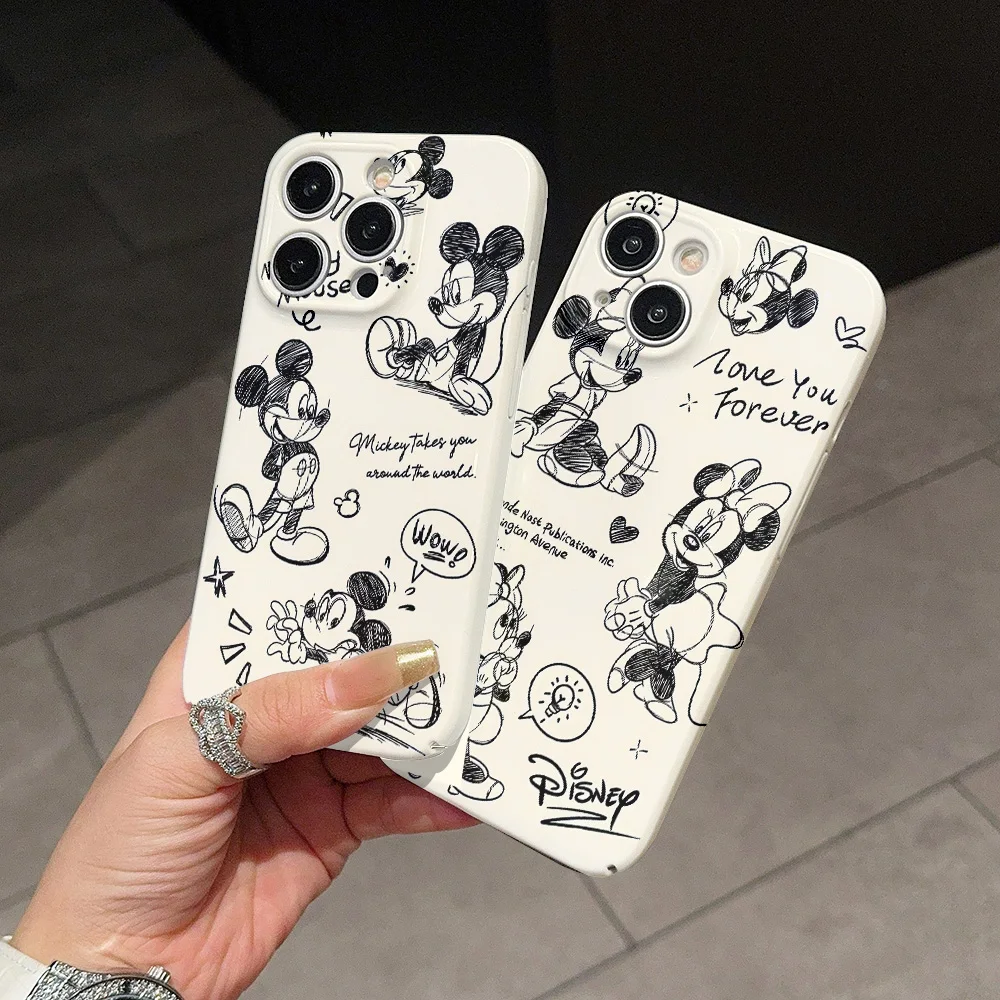 Cute Lines Mickey Minnie Phone Case for IPhone 16 15 14 13 12 11 Pro Max XS  XSMax Plus Lens Protection Glossy HD Hard PC Cover