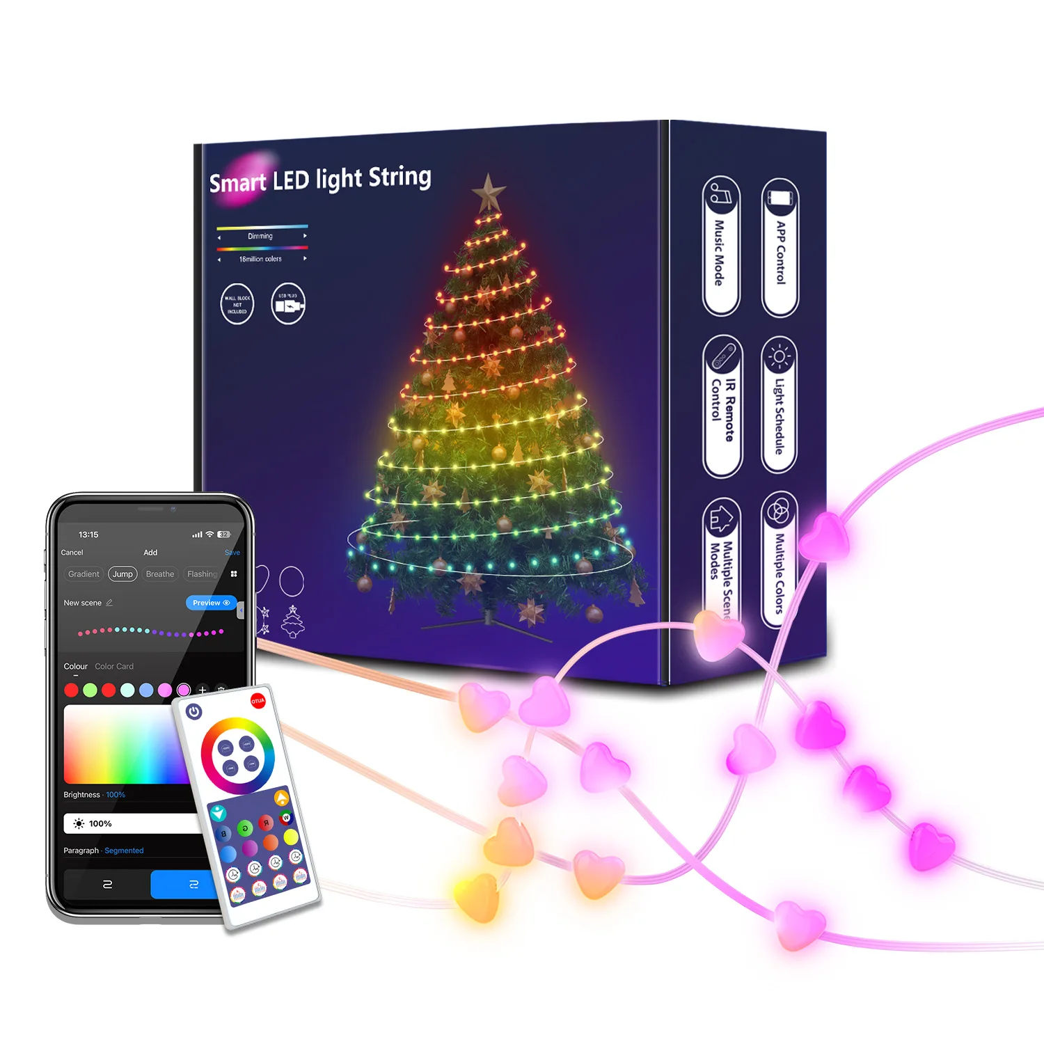 

Colorful LED Leather Wire Lamp Intelligent Point Control Heart-shaped Light Strips WIFI Control Running Copper Lighting String