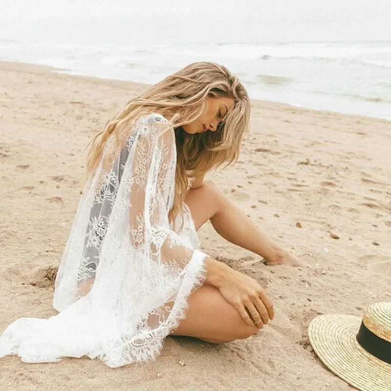 Long Lace Beach Cover Up Women Bikini Cover Up Dress Sun Protection Robe Swimsuit Cardigan Beachwear Summer Clothing