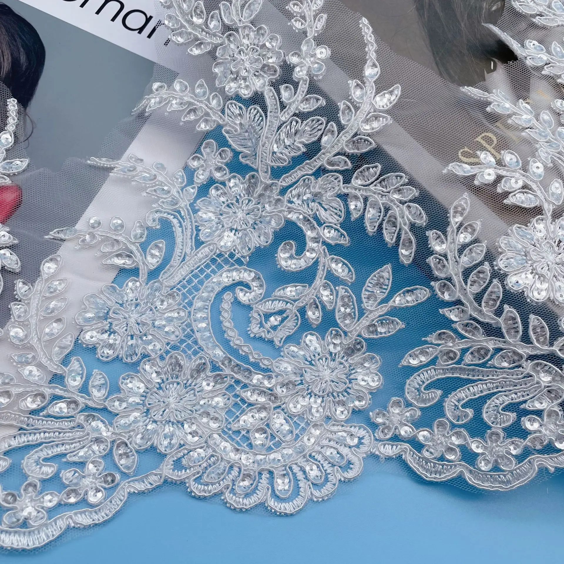 1 Yard Ivory Sequin Cording Fabric Flower Venise Venice Mesh Lace Trim Applique Sewing Craft for Wedding Dec. 25cm