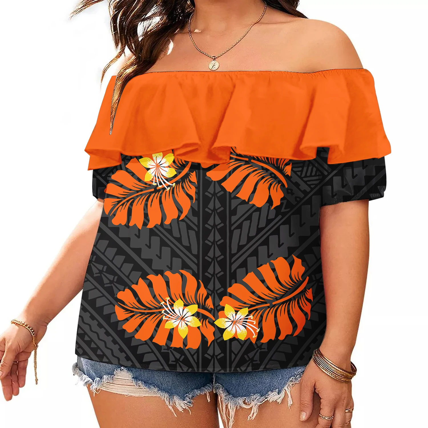 Ethnic Style Green Off Shoulder Top Casual Short Sleeve Ruffle Blouses Custom Tapa Pattern Print Polynesian Women Tops