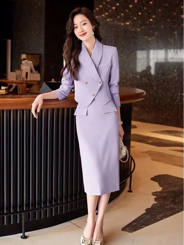 Blue Suit Two Piece Set Female Temperament Celebrity Small Fragrance Professional Suit Half Body Skirt High-end Short Jacket