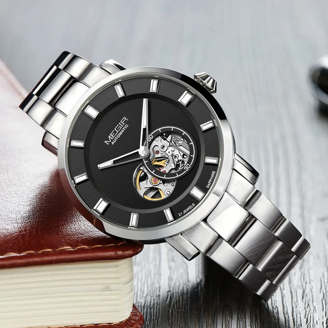 MEGIR Men Watch Hollow Out Automatic Mechanical Stainless Steel Wristwatch Waterproof Luxury Business Watches Montre Homme