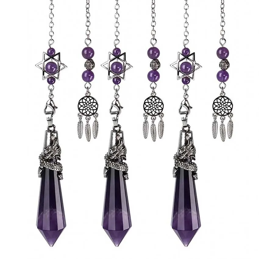 

Dragon Crystal 12 Faceted Stone Pendulums for Dowsing Divination Natural Amethyst Quartz Pendant Pendulum Balancing Pendulos