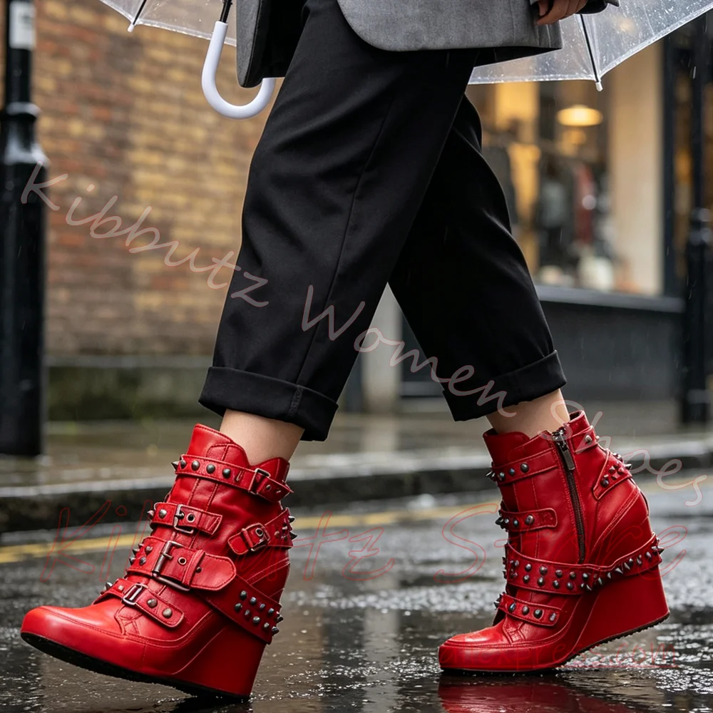 Multi Buckle Studded Wedge Ankle Boots Side Zipper Wedge Round Toe Gothic Rock Shoes Leather Solid Color Fashion Elegant Concise