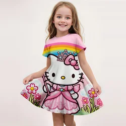 MINISO New Girls Summer Dress Fashion Cartoon Cute Hello Kitty & Friend 3D Print Dresses Girls Short Sleeve Princess Clothing