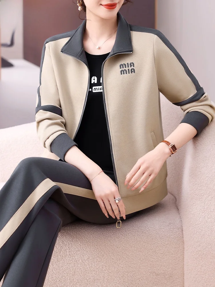 

Casual Sportswear Set for Middle-Aged Mothers Spring Faionable Large Size Outerwear Loose Fit Long Pants Collar Zipper...