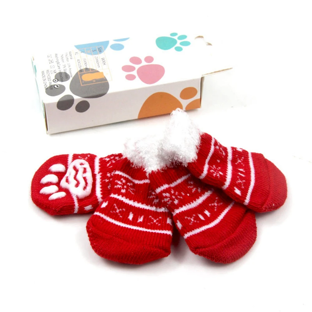 Cute Christmas Dog Winter Shoes Anti-Slip Knit Socks 4pcs Small Pet Cat Shoes Chihuahua Shoes Thick Warm Protector Dog Socks