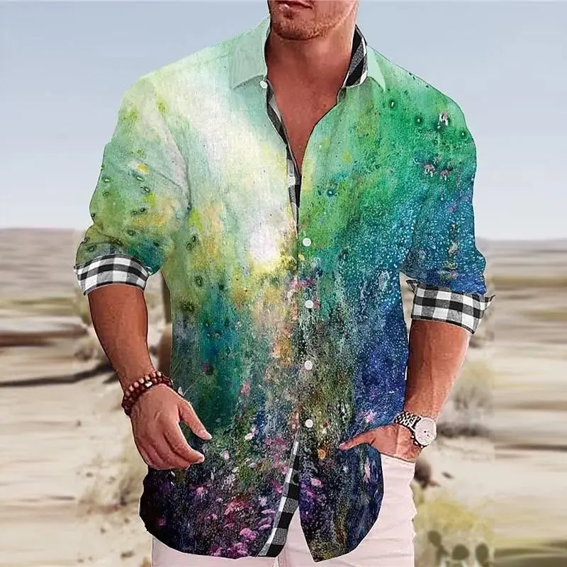 Men's Creative  Floral Suit Lapel Long Sleeve Shirt Thickened Fleece Autumn  Collar Special Wide Fit Shirt