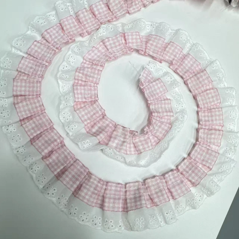 1 Yard 4.5cm Wide Pink Blue Plaid Pleated Cotton Lace Trim Hollow Embroidered Ribbon for Dress Sleeve Collar Decoration