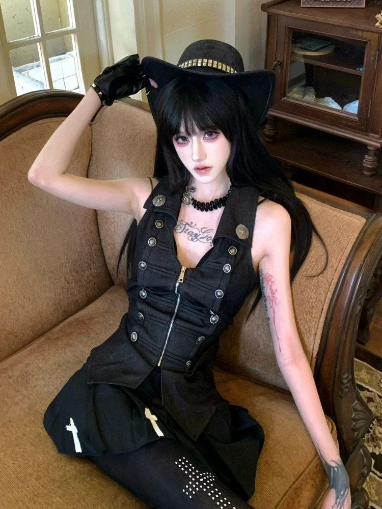 Y2K Gothic Sexy Sleeveless Vest Women Summer Rivet V Neck Turn Down Collar Metal Double Breasted Zipper Slim Fit Casual Outfit