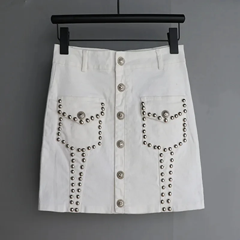 

High waisted Denim Short Skirt For women Spring summer 2025 New Heavy industry rivet Trend Slim versatile anti slip Half Skirts