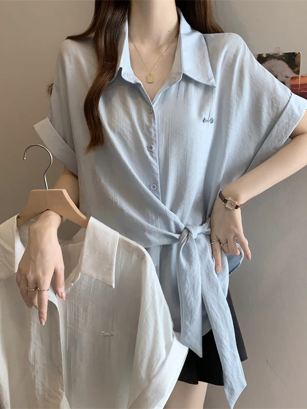 

plus Size Asymmetrical Waist-Cinching Shirt Women's Summer 2026 New Style Micro Plump Loose Slimming Versatile Top