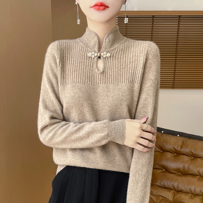 Autumn Chinese Style New Style Buckle Stand Collar Bottoming Sweater National Style Fashionable Long Sleeve Women's Sweater Top