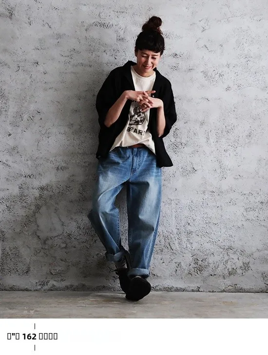 

Spring 2026 High Waist Straight Leg Cotton Jeans Women's Loose Fit Washed out Vintage Style Denim Blue Non-Stretchy Jeans