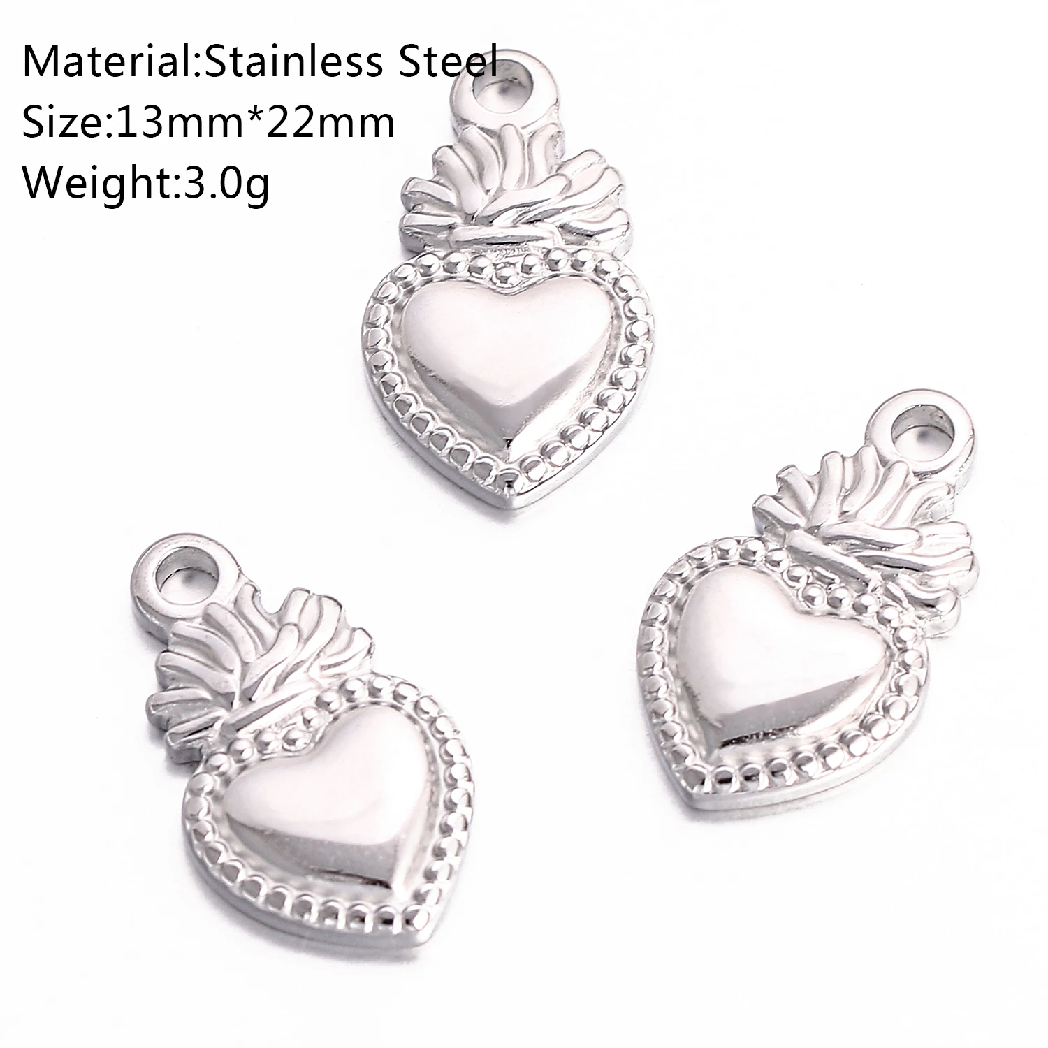 3Pcs/Lot Sweet Flame Heart Pendants Stainless Steel Sacred Heart Charms Religious Christian DIY Necklace Earring Jewelry Making