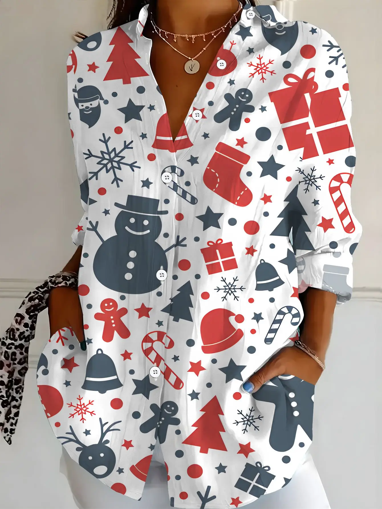 Camisa con estampado bonito de muñeco de nieve y elfo de Navidad para mujer, camisa informal para fiesta navideña, copo de nieve, árbol, estampado de fiesta, ropa de tendencia a la moda