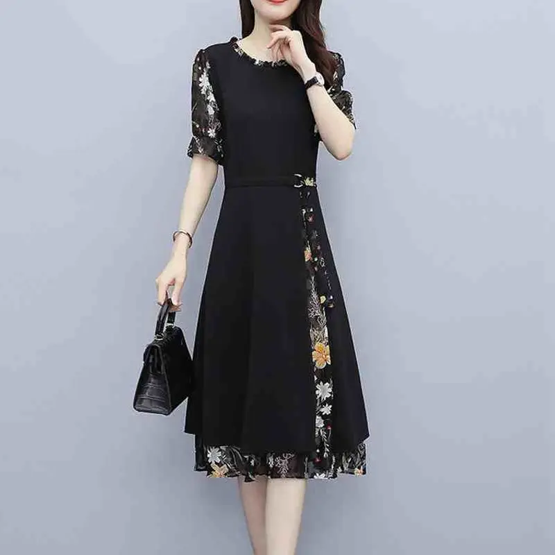 Printed Splicing Dress for Women New Style of Popular Large Size Women's Fat Mm Belly-covering and Slim Temperament Skirt