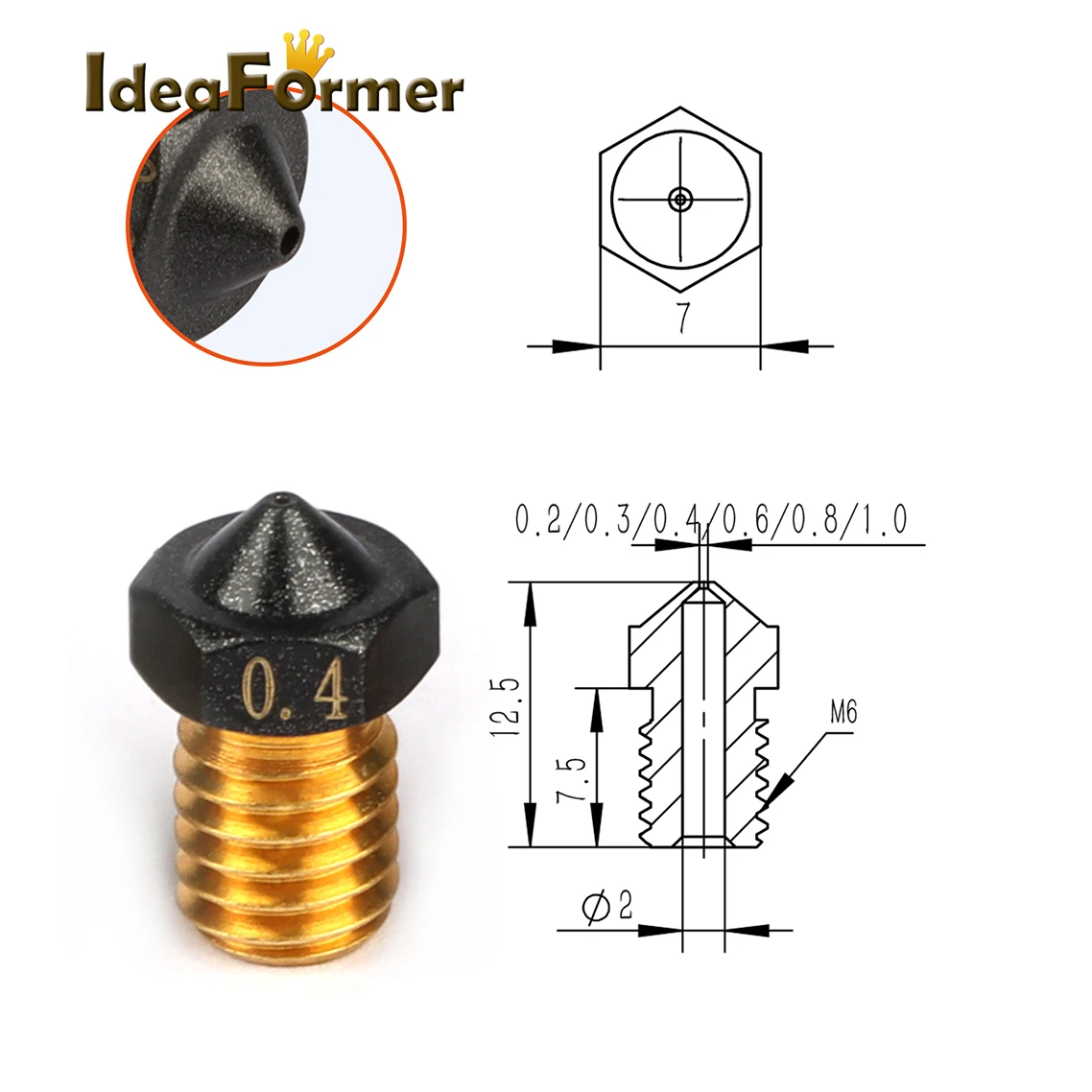 1/2/5 Stück E3D V6 PTFE-beschichtete Messingdüse 0,2/0,4/0,5/0,6/0,8/1,0 mm 1,75 mm M6 3D-Drucker V6 Düsen für Ender3 Titan Prusa I3 MK3 – Detail 14