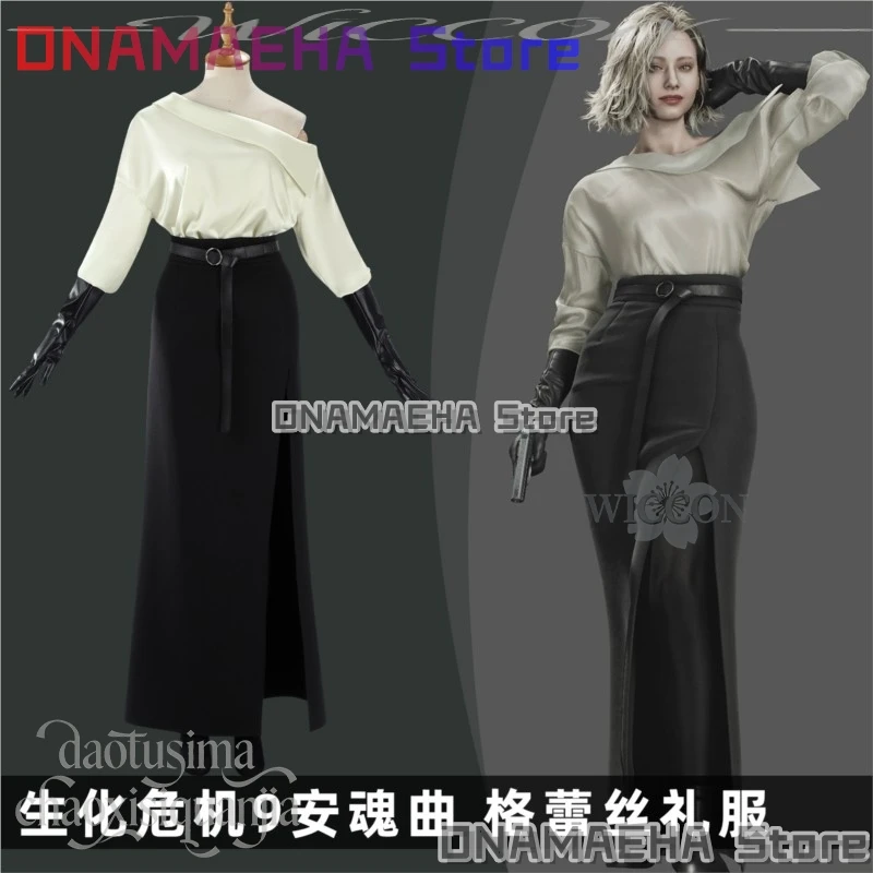 ONAMAEHA*/Grace Film Noir Elegant Evening Dress Earring Wigs Set Halloween Party Cos Anime Horror Game RRE9 Reeequlem Cosplay