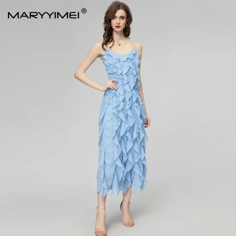 

MARYYIMEI New Fashion Runway Designer Women's Flounce Halter Sleeveless Sexy Light Blue Mid-Length Slim Dress