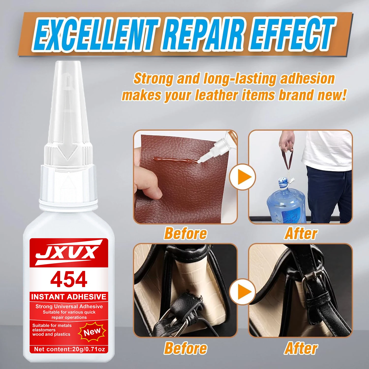 JXVX 454 Supercola, Supercola com nova fórmula, Baixo odor, Secagem rápida, Forte aderência, Antienvelhecimento, Adesivo transparente à prova d'água para reparos sem costura, Adesivo líquido incolor superforte