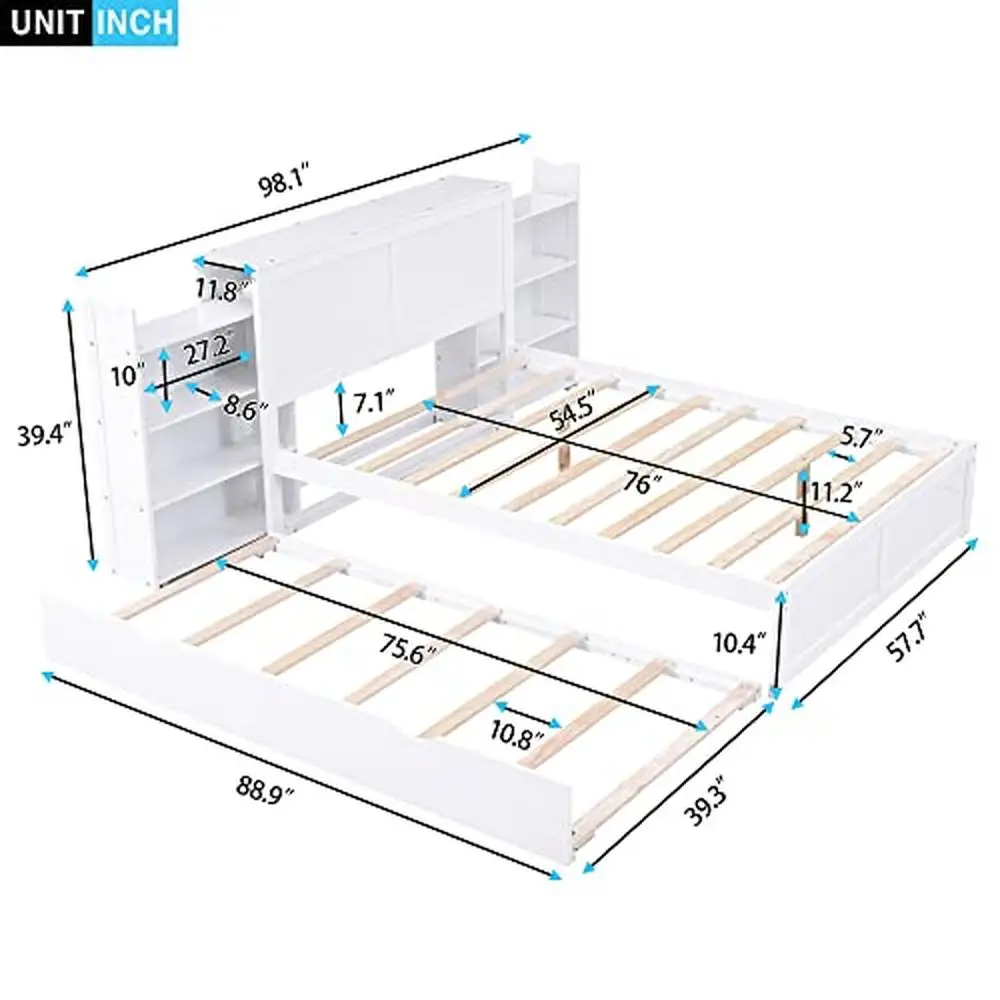 Full Size Wood Storage Platform Bed Frame with Pull Out Shelves and Twin XL Trundle Sturdy Construction Large Storage Space