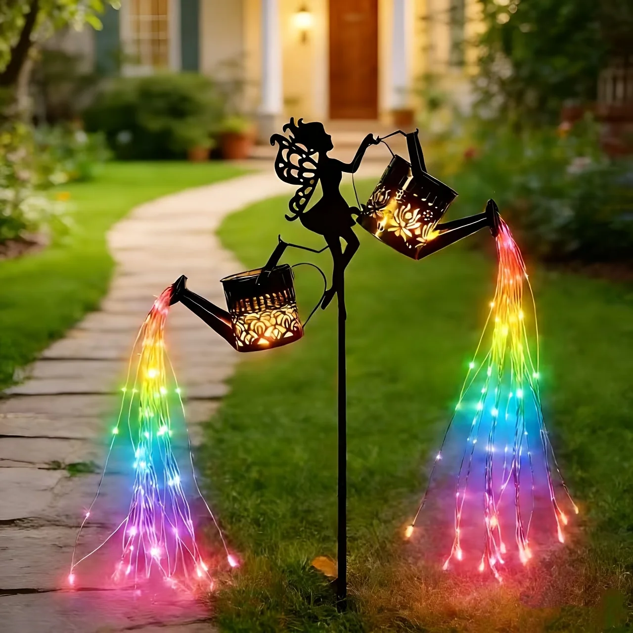 Solar Fairy Garden Lights Decor with 2 Solar Watering Can Metal Fairy Garden Statues Waterfall Lights Silhouette for Lawn Garden