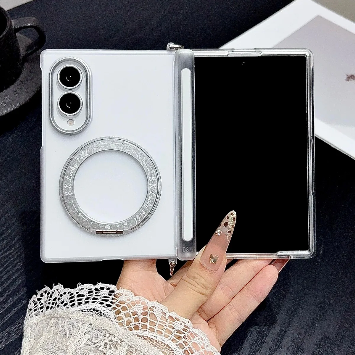 Luxury Frosted Translucent Magnetic Rotating Bracket Phone Case for Samsung Galaxy Z Fold 8 Zfold8 for Magsafe Protective Cover