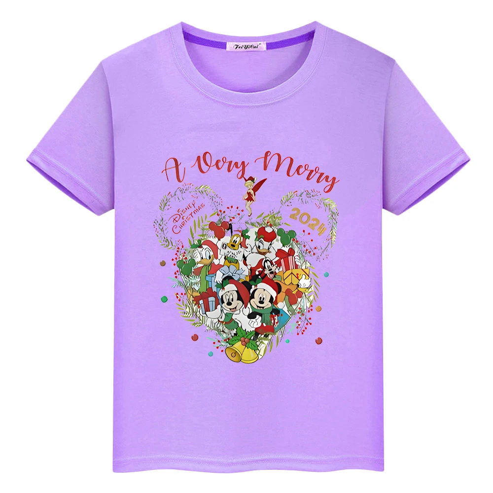 Christmas Print Disney Mickey t shirt for kids boy 10year 100%Cotton Kawaii Tops anime Short tshirt y2k one piece girl clothes image 5