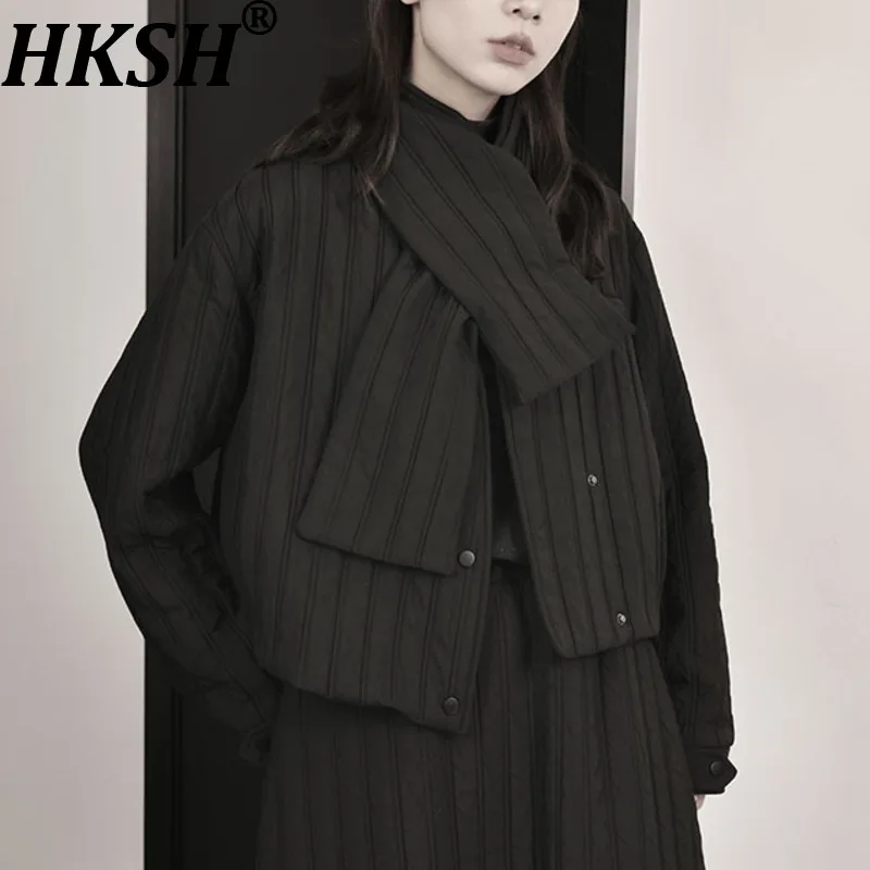HKSH Autumn Winter New Women Short Cotton-padded Coat Single Breasted V-neck Scarf Casual Dark Elegant Trend Warm Jacket HK17547