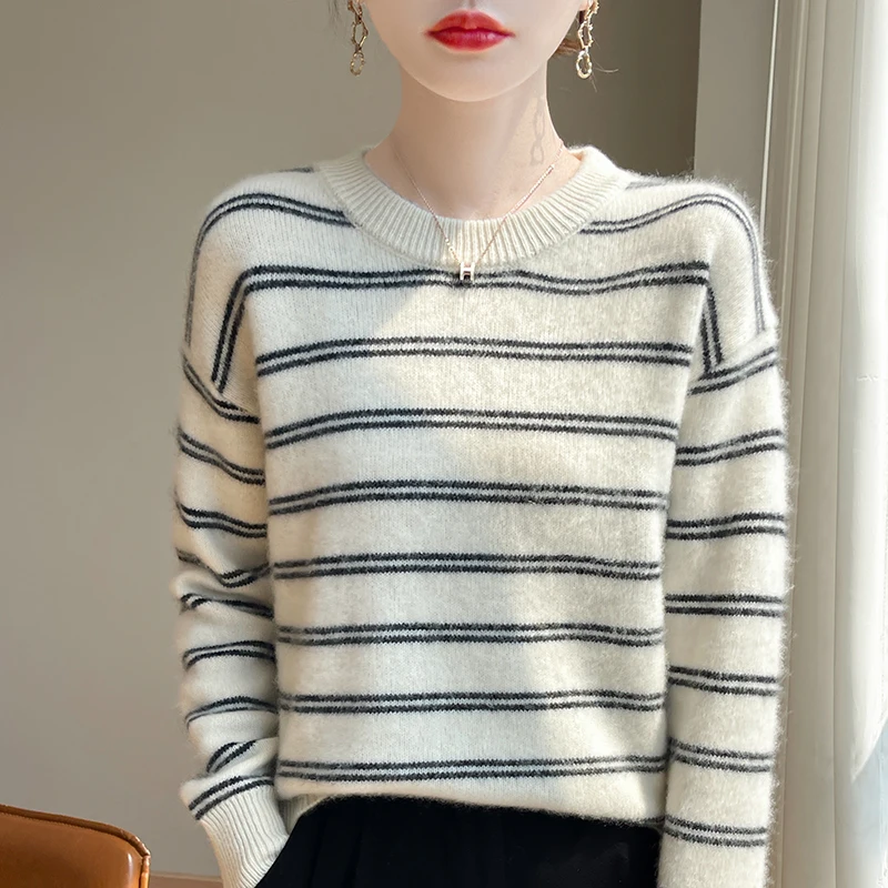 ZYCZCXX Women's Crew Neck Striped Jumper Autumn/Winter 100% Merino Wool Sweater Thickened Warm Fashion Women's Wear