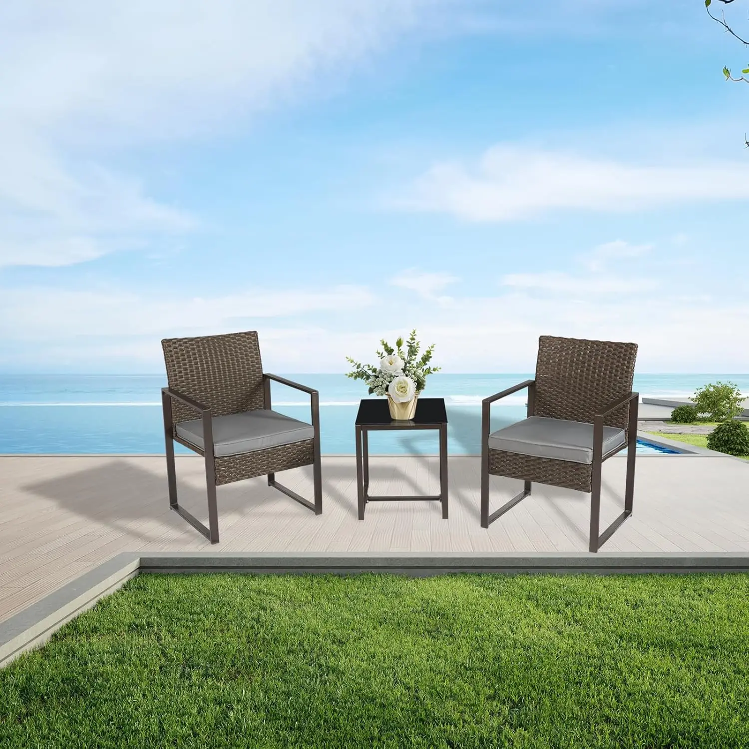 3 Pieces Patio Furniture Set Outdoor Wicker Bistro Set Rattan Chair Conversation Sets with Coffee Table for Porch, Balcony