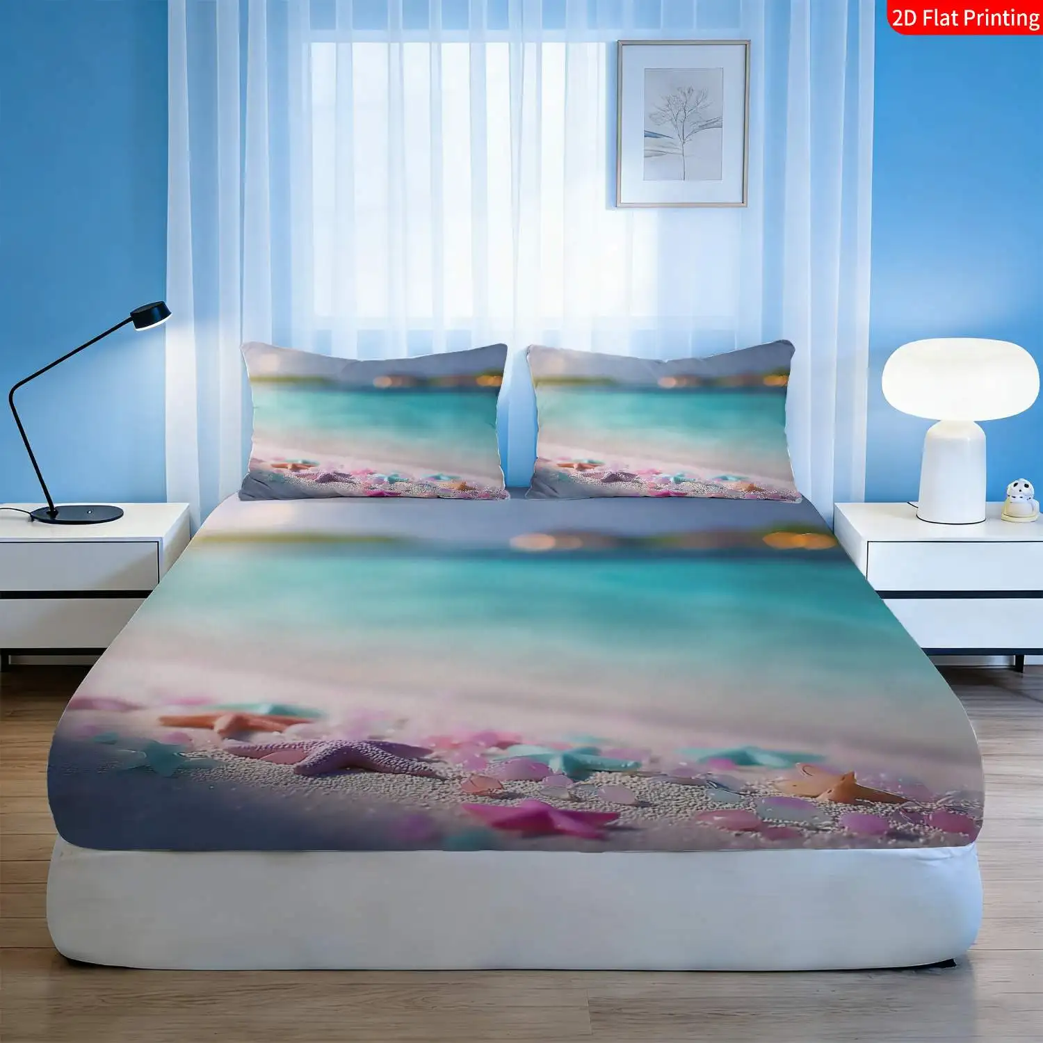 3-Piece Mattress Protector Set, Tropical Beach Bedding, Suitable for Summer - Ocean-Themed Starfish and Shell Print Fitted Sheet and Pillowcase, Fitted Sheet, Mattress Protector, Stain-Resistant, Mattress Cover, Suitable for All Seasons, Machine Washable, Easy to Care For, Suitable for Home Bedrooms, Essential for Dorms and Rentals, Master Bedroom and Guest Room Decoration, Dust-Proof and Stain-Resistant, High Elasticity, Fits Various Sizes