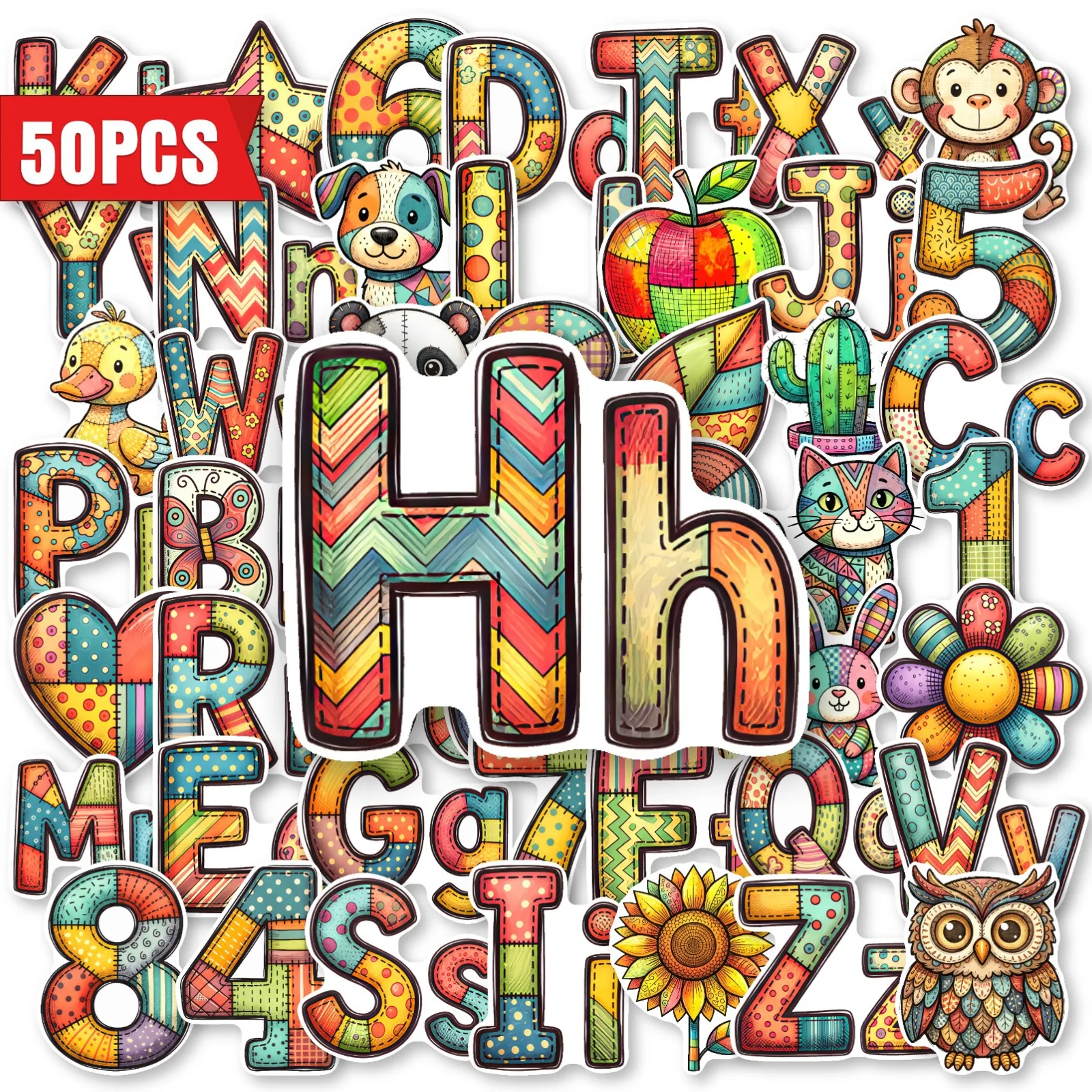 50 PCS Colorful Patchwork Style Alphabet & Number & Animal Cartoon Fun Early Education Removable Waterproof Decals