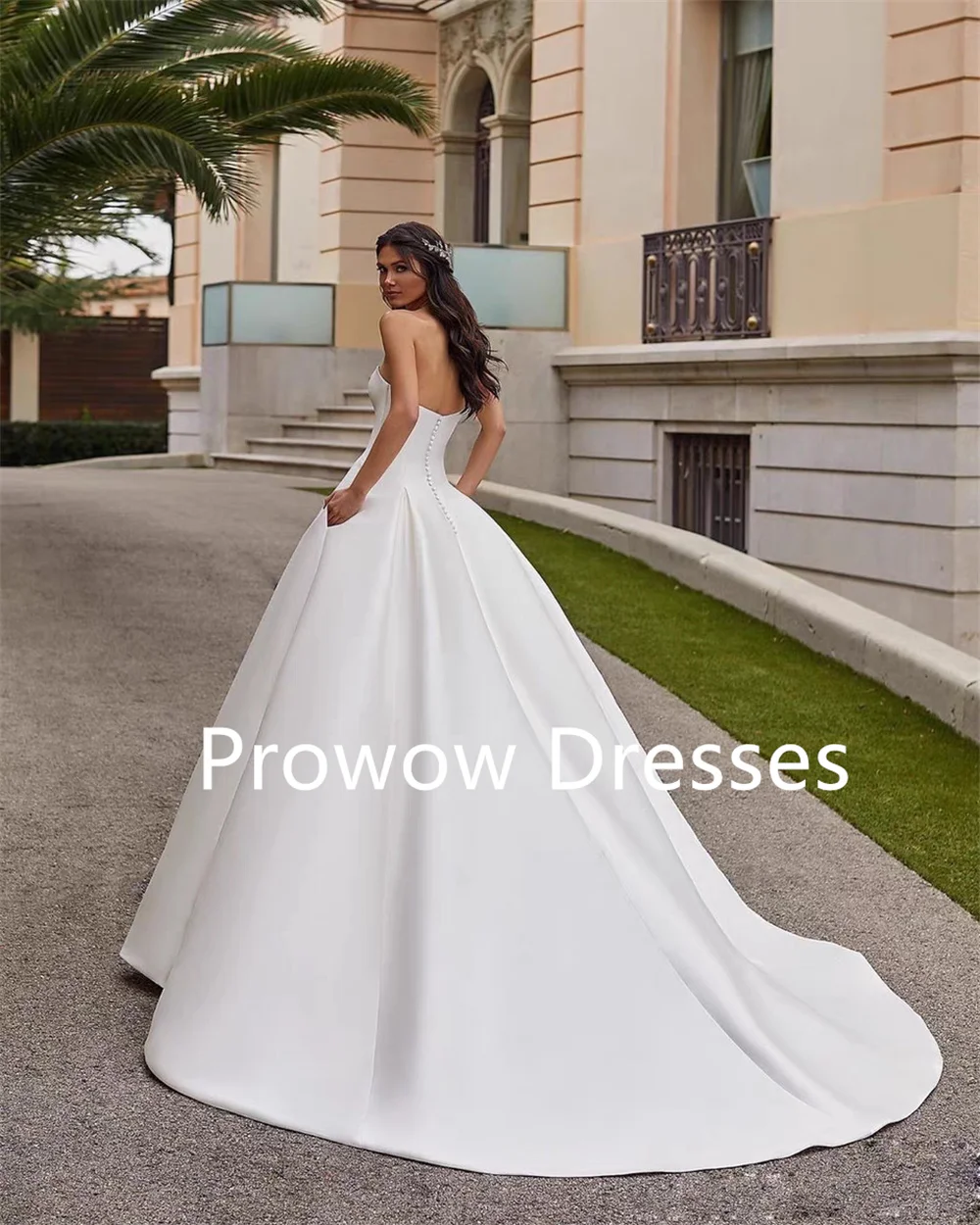 Prowow-Robe de Mariée Trapèze Ivoire Modeste, Longueur au Sol, Sans Bretelles, Plis, Satin, Balayage, Train, Fibre Personnalisée, Patients