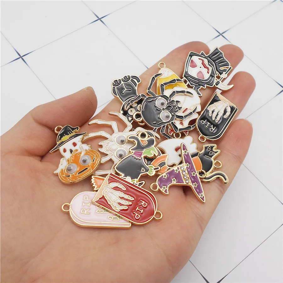 15PCS Enamel Cartoon Halloween Charms Alloy Ghost Death Cat Spider Witch Tombstone Pendant Necklace Bracelet Jewelry Accessory