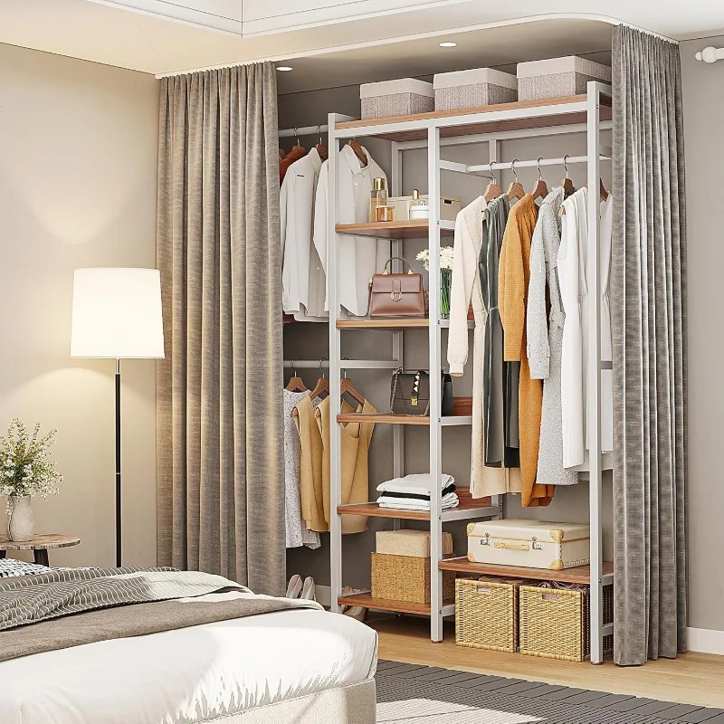 Sistema organizer per armadio, porta abiti regolabile per carichi pesanti, sistema per armadio con ampia zona sospesa, 4 ganci espandibili