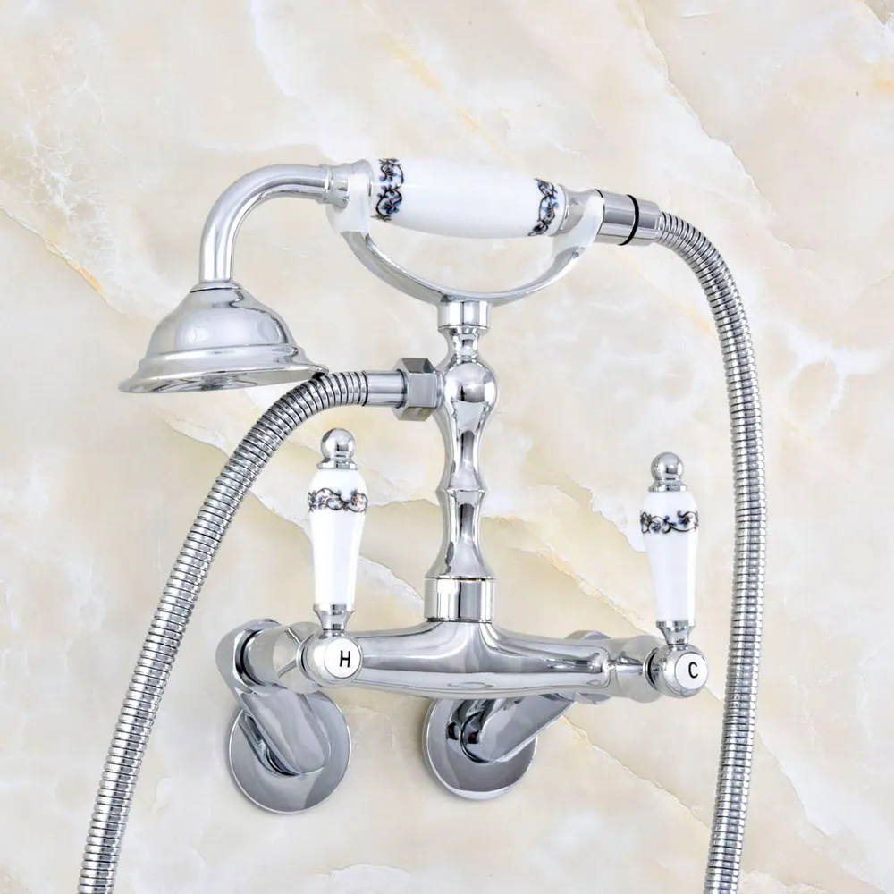 

Modern Silver Chrome Brass Adjusts From 3-3/8" Wall Mount Bathtub Faucet with Handheld Shower Set +1500MM Hose Mixer Tap 2qg410