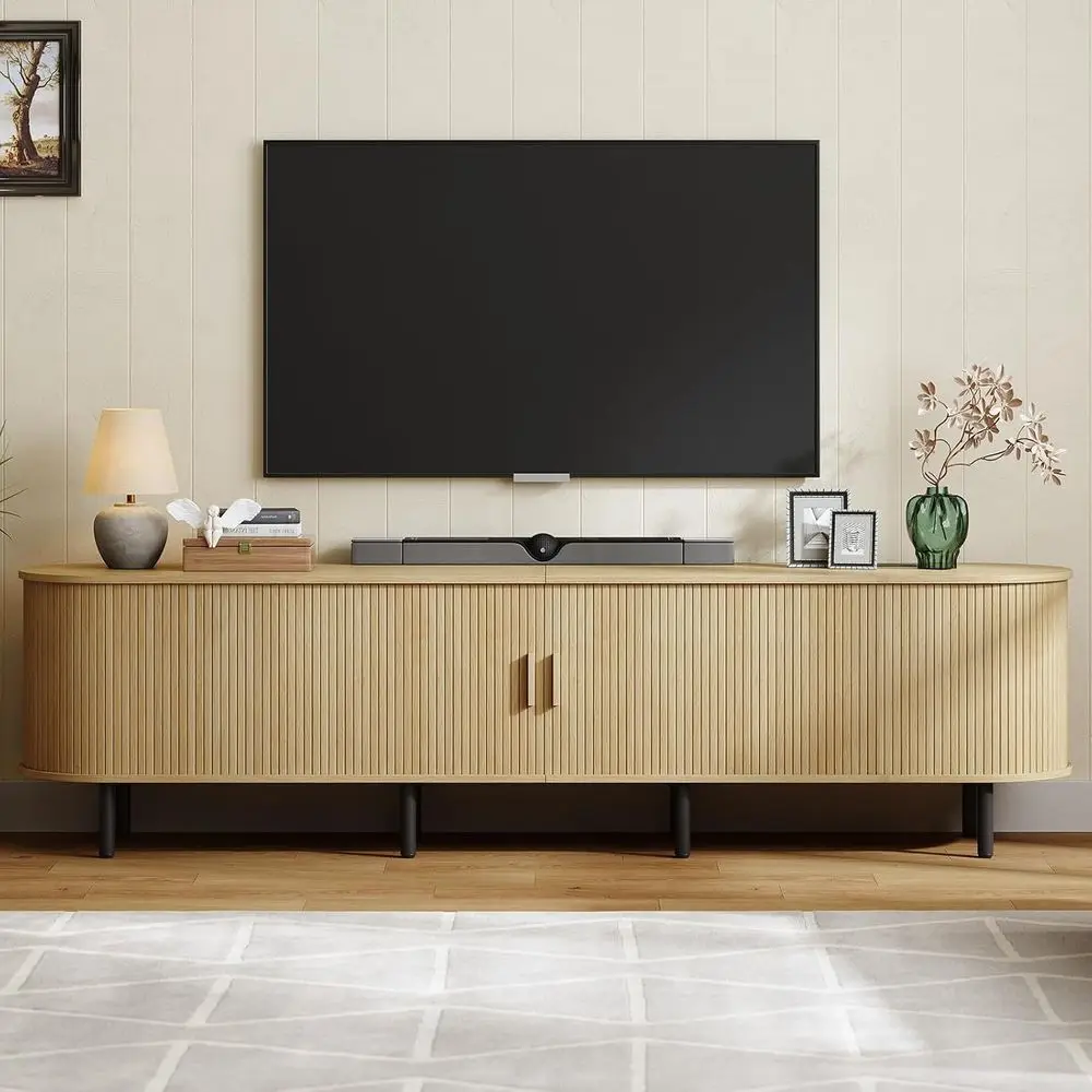 

Oak Entertainment Center for TVs up to 90 with Storage, Adjustable Shelves, and Sliding Door
