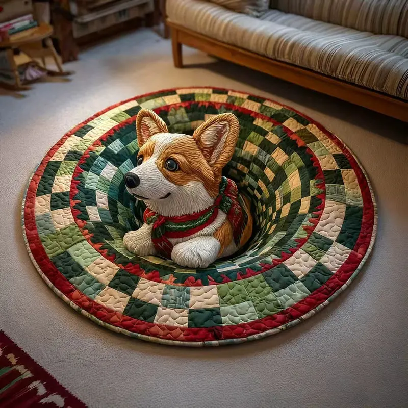 VIKAMA Corgi Puppy Round Rug, Soft Flannel Non Slip Washable Fluffy Carpet, Cozy Decorative Floor Mat for Living Room Bedroom