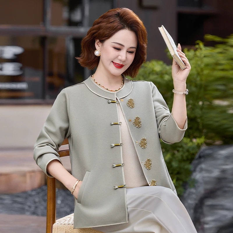 Chinese Style Coats For Women Retro Dial Buckle Jacket Outwear Luxury beads  Long Sleeve Vintage Jackets