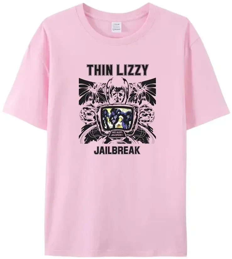 2024 Men\'s T-shirt  100% CottonHarajuku T-shirt Thin Lizzy Retro Cotton JAILBREAK Women\'s Popular Letter Print Black Tee