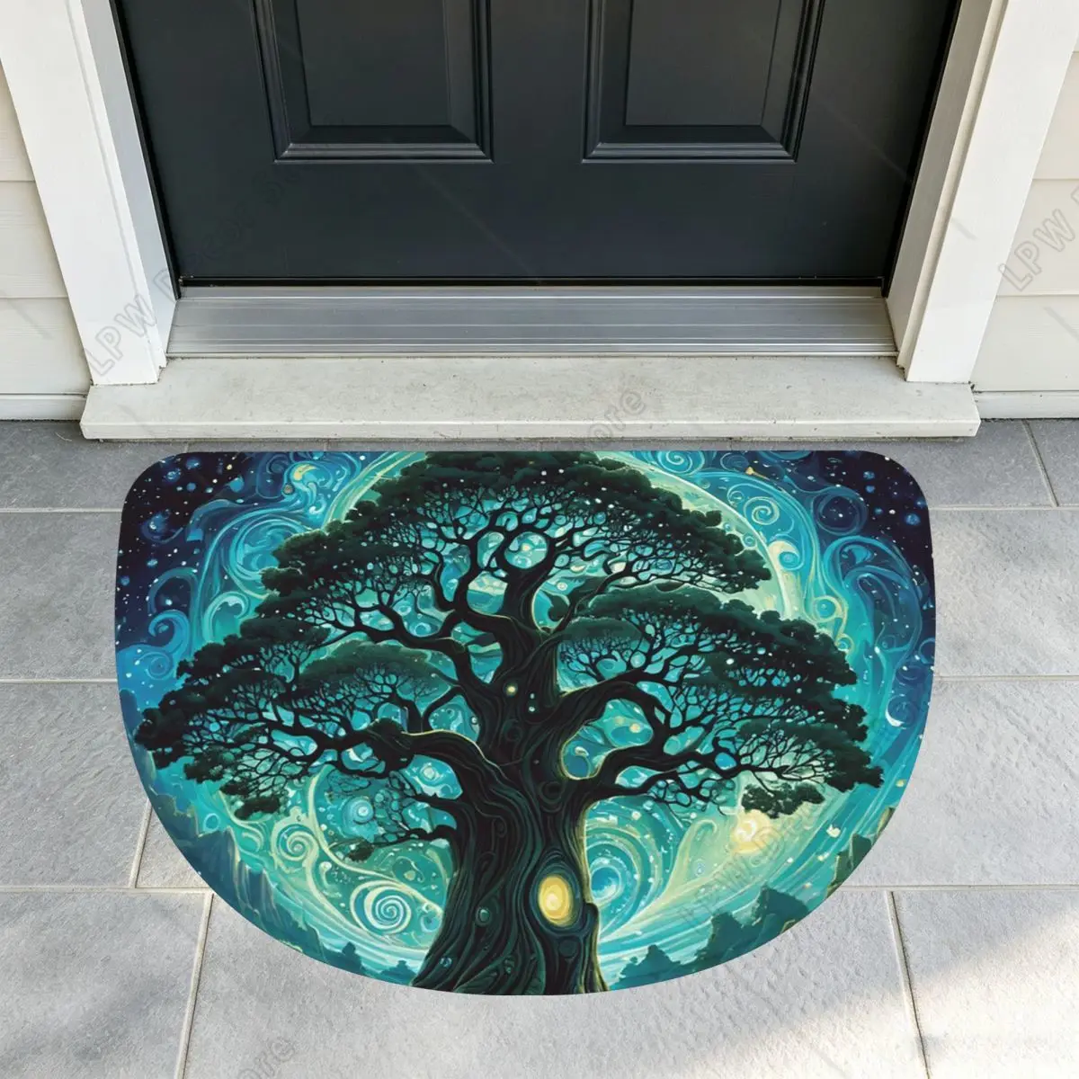 Magic Green Tree Soft Flannel Half Round Doormat Non Slip Bathroom Mat Absorbent Floor Carpet for Garage