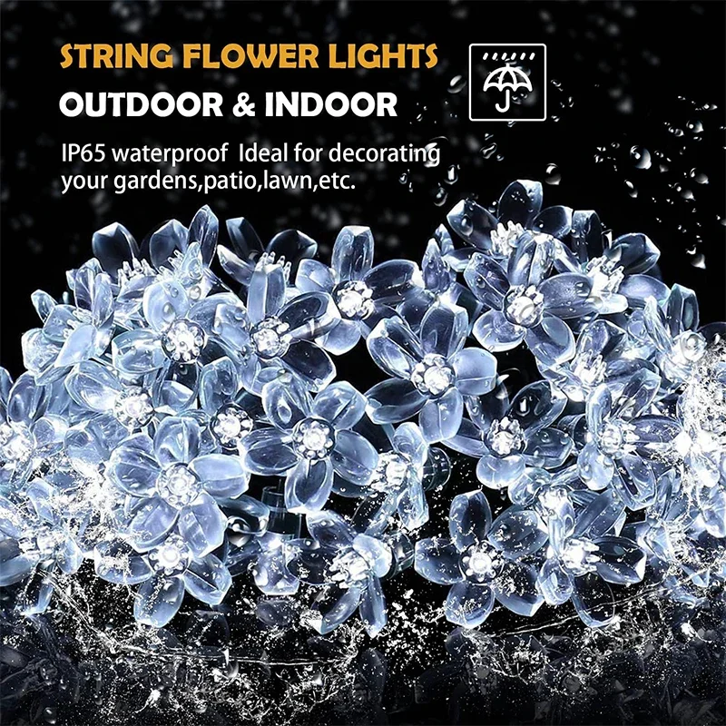 Outdoor LED String Lights para jardim, luzes solares, impermeável, flor de cerejeira, cerca, pátio, quintal, gramado, festa, decorativo, 8 modos, 50 luzes