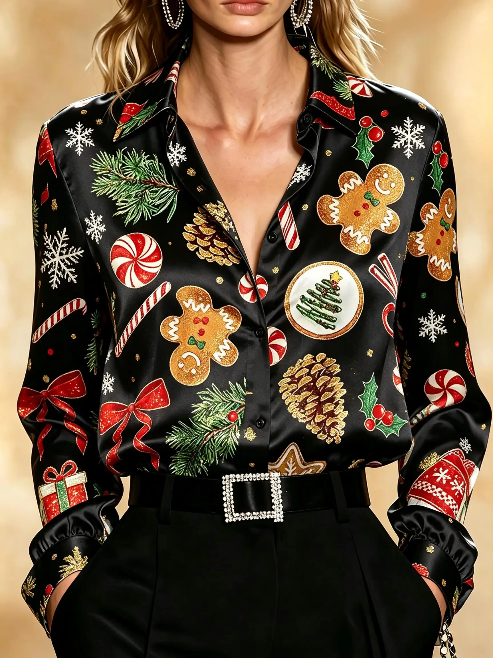 Women Collared Long Sleeve Satin Shirt Christmas All Over Print Snowflake Holly Holiday Party Blouse