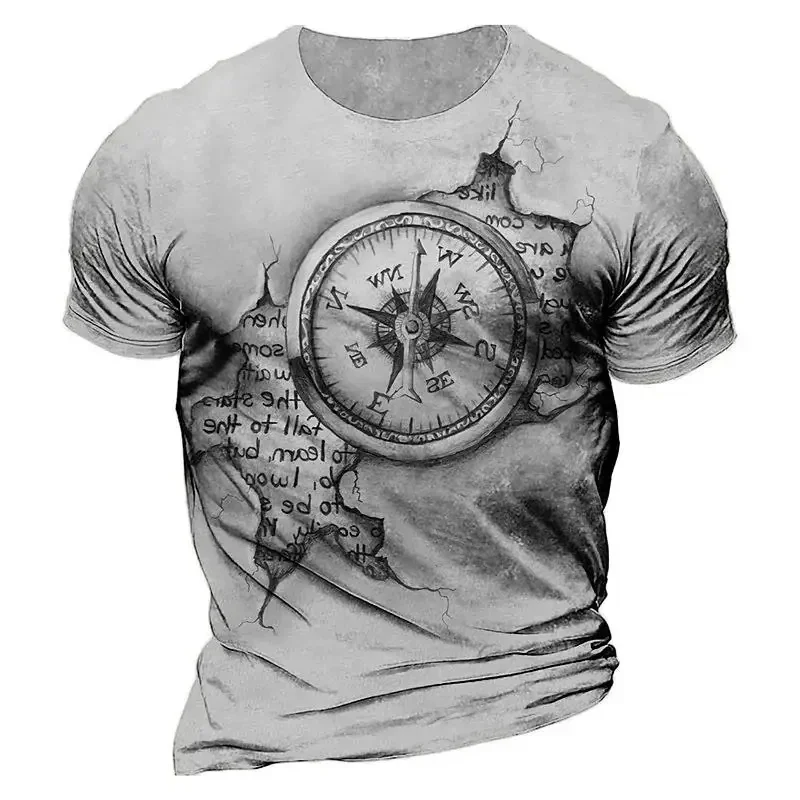 Vintage Compass Print Men's T-shirt 3D Print Breathable Crew Neck Short Sleeve Oversized Casual Men's Clothing Street Tops
