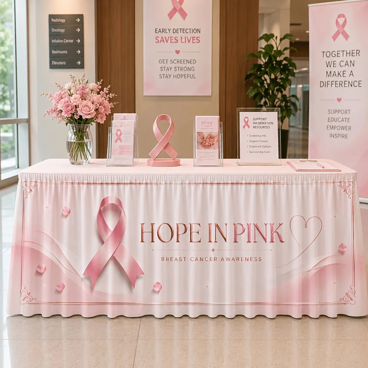 1 table skirt, polyester pink hope pink promotional tape rose petal love gold frame water ripple printing decoration