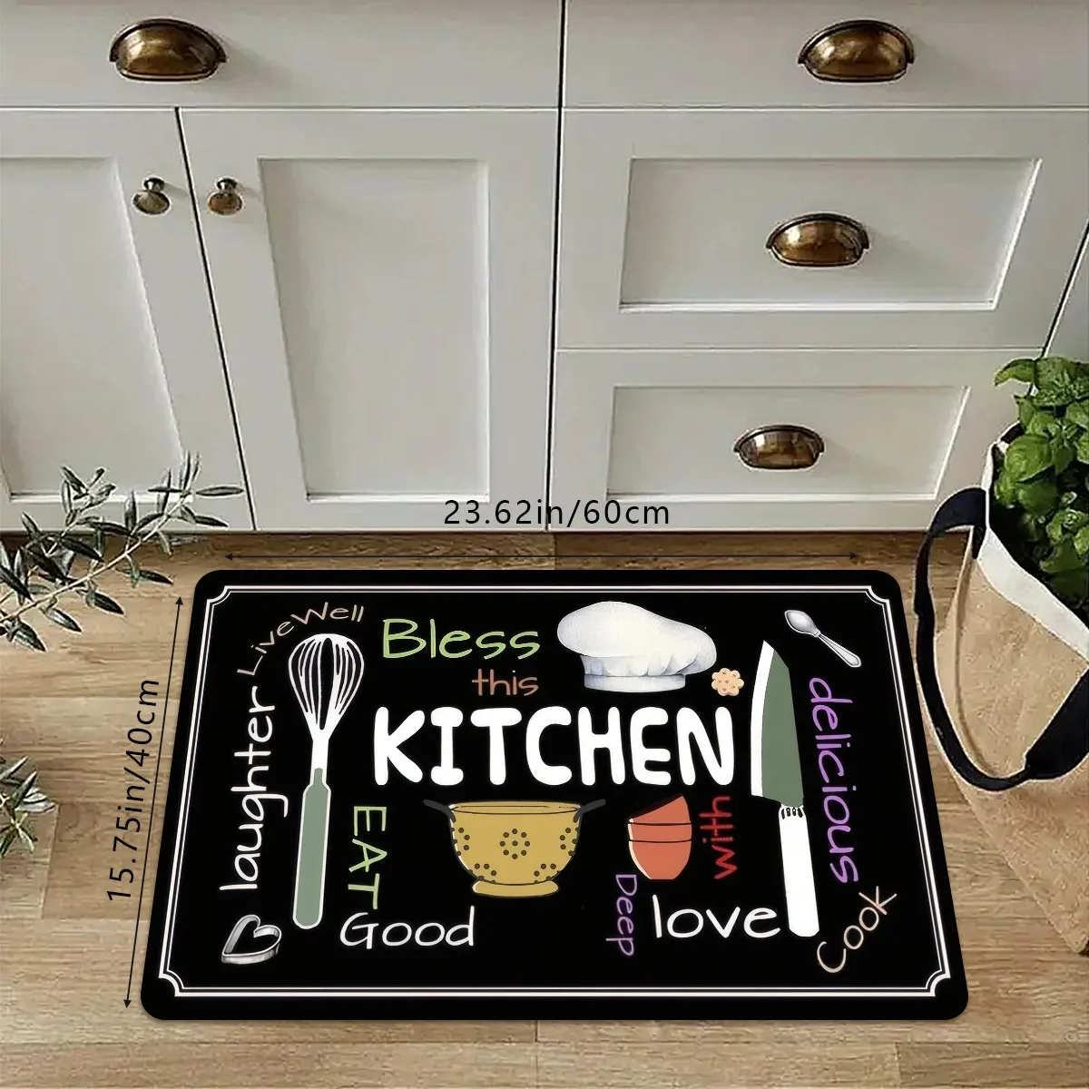 VIKAMA Black Kitchen Runner Rug Cute Kitchenware Letter Print Non‑slip Waterproof Stain‑resistant Long Floor Mat For Cooking Rug