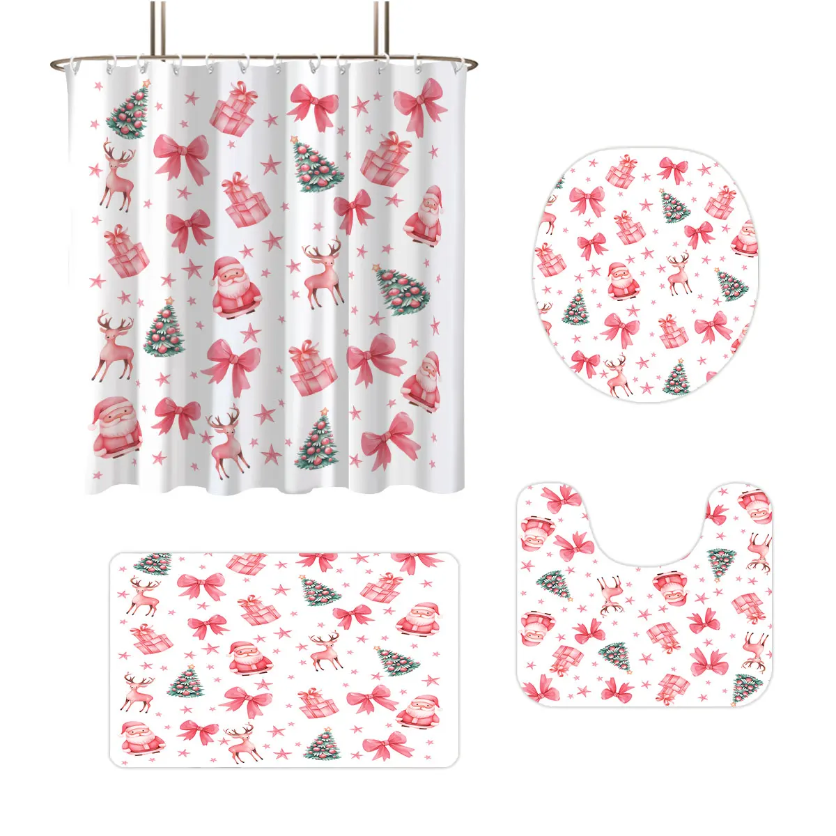 

4pcs pink Christmas bow print bathroom set 180x180 waterproof shower curtain with 12 hook toilet mat and U-shaped mat, Floor mat